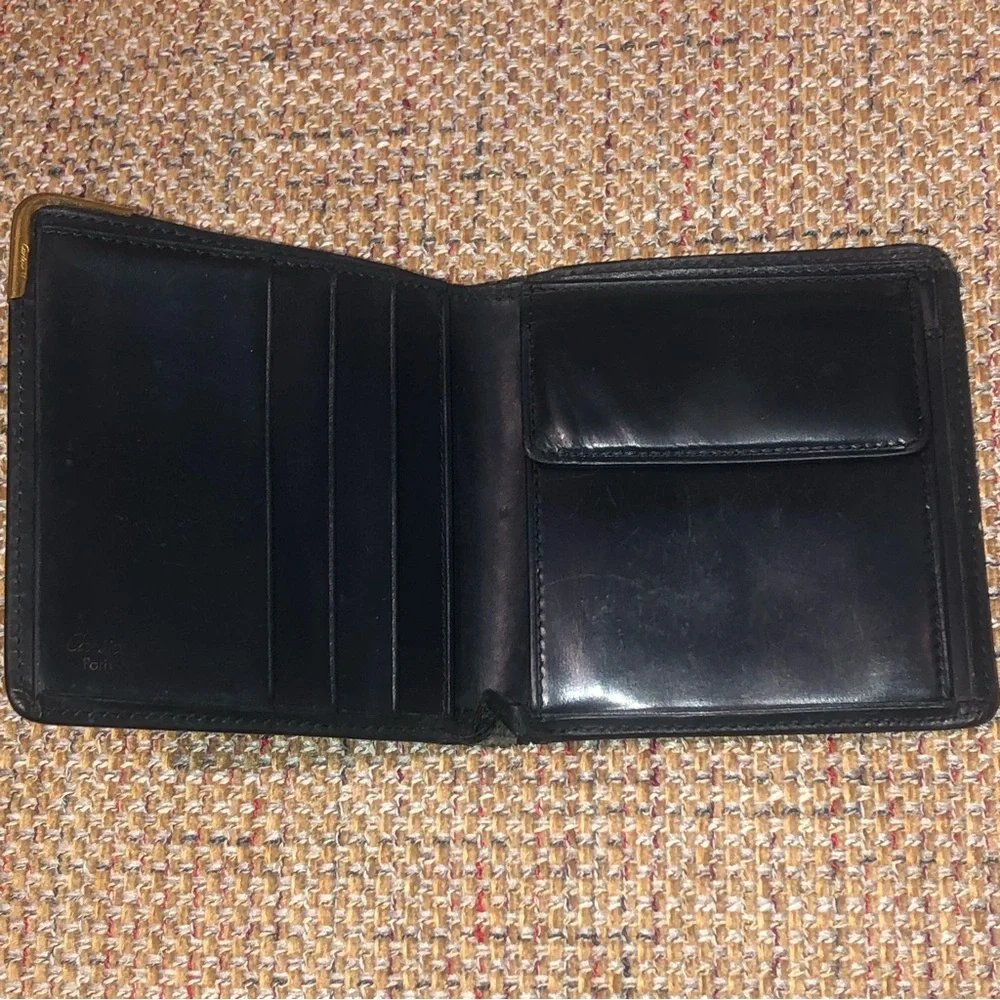 CARTIER Black Leather Sapphire Gold Bifold Wallet Coin Pocket Made In France